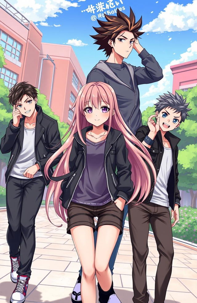 A cool manga scene set in a university campus featuring one girl surrounded by three hot boys