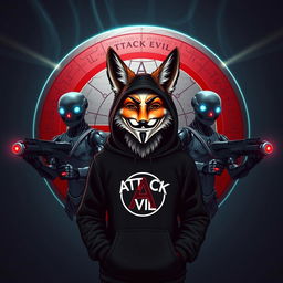 A fox wearing a black hoodie and a Guy Fawkes mask stands boldly in front of a detailed globe with the words 'Attack Evil' inscribed on it