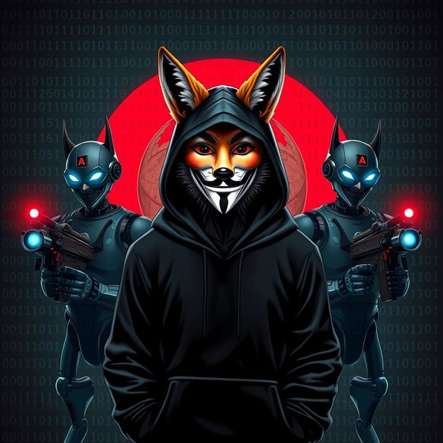 A fox wearing a black hoodie and a Guy Fawkes mask stands boldly in front of a detailed globe with the words 'Attack Evil' inscribed on it