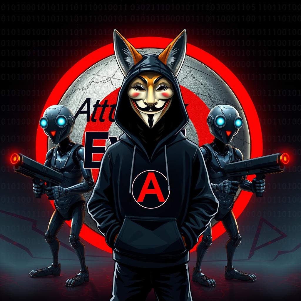 A fox wearing a black hoodie and a Guy Fawkes mask stands boldly in front of a detailed globe with the words 'Attack Evil' inscribed on it