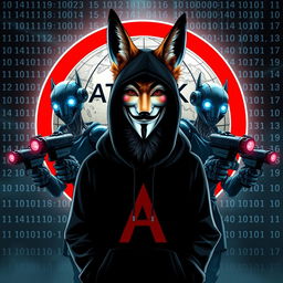 A fox wearing a black hoodie and a Guy Fawkes mask stands boldly in front of a detailed globe with the words 'Attack Evil' inscribed on it