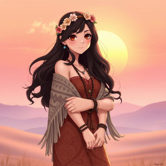 Anime version of Elyse Love, featuring fair skin, long dark brown hair styled in loose waves, and captivating brown eyes that radiate warmth and adventure