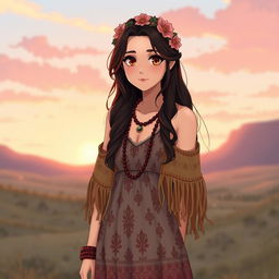 Anime version of Elyse Love, featuring fair skin, long dark brown hair styled in loose waves, and captivating brown eyes that radiate warmth and adventure