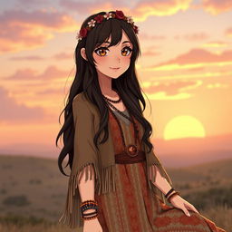 Anime version of Elyse Love, featuring fair skin, long dark brown hair styled in loose waves, and captivating brown eyes that radiate warmth and adventure