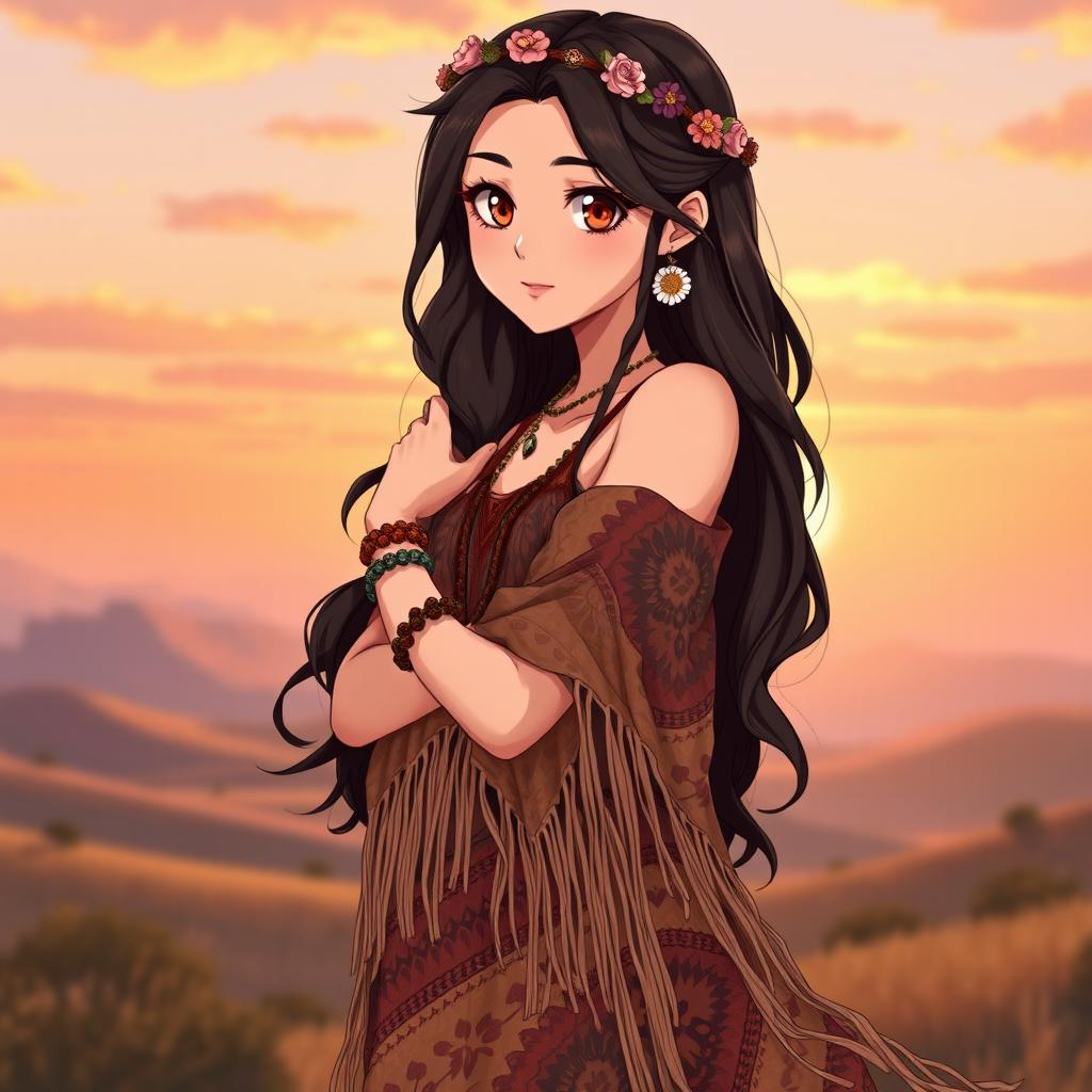 Anime version of Elyse Love, featuring fair skin, long dark brown hair styled in loose waves, and captivating brown eyes that radiate warmth and adventure