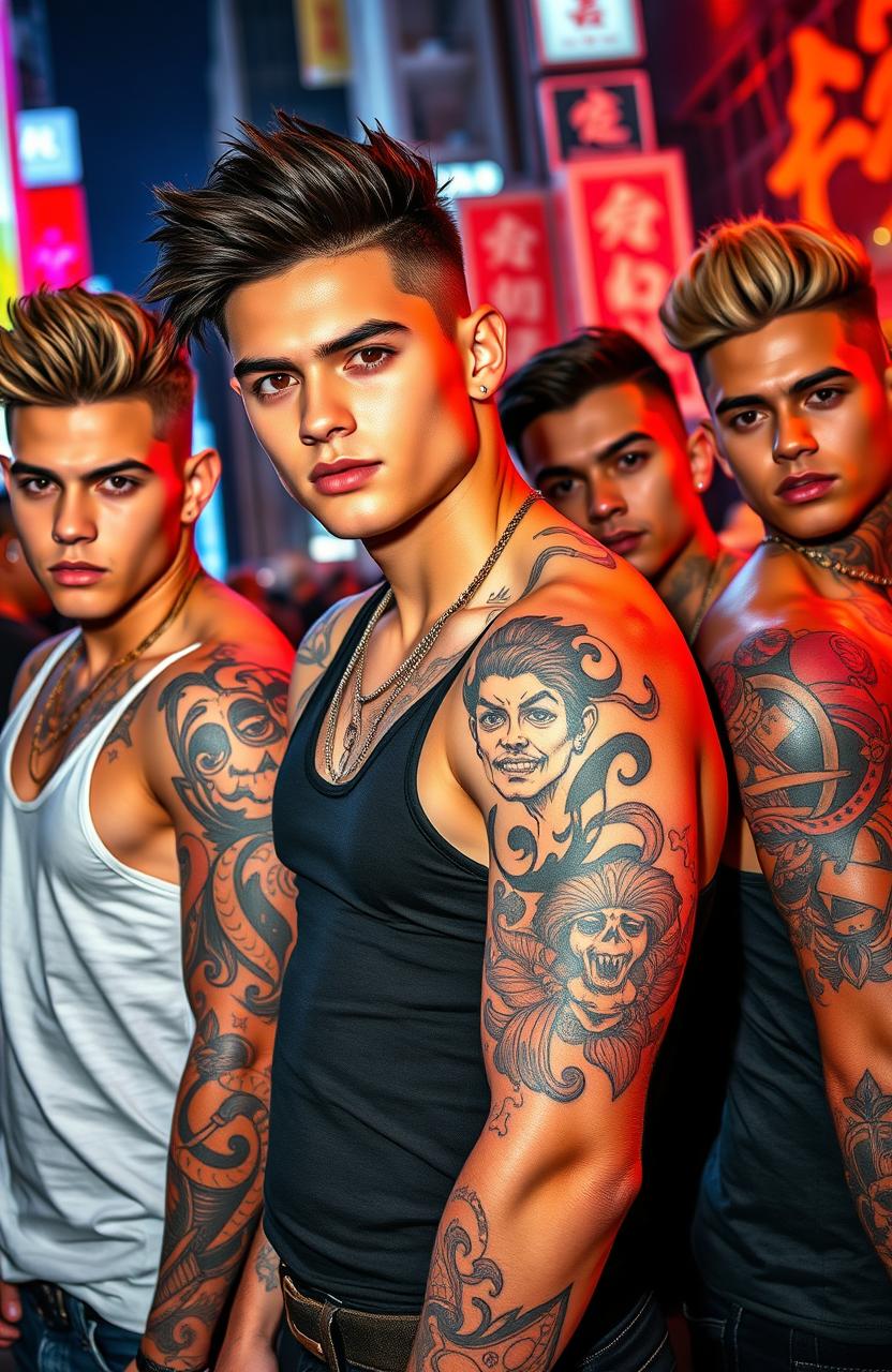 A group of handsome young men with striking features and unique hairstyles, adorned with intricate and colorful Yakuza-style tattoos across their arms and shoulders