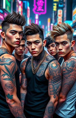 A group of handsome young men with striking features and unique hairstyles, adorned with intricate and colorful Yakuza-style tattoos across their arms and shoulders