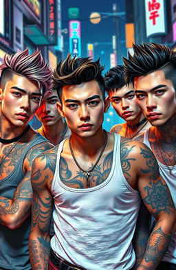 A group of handsome young men with striking features and unique hairstyles, adorned with intricate and colorful Yakuza-style tattoos across their arms and shoulders