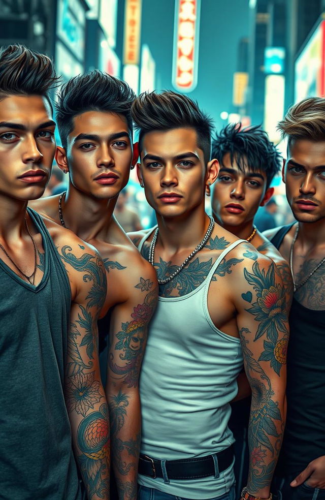 A group of handsome young men with striking features and unique hairstyles, adorned with intricate and colorful Yakuza-style tattoos across their arms and shoulders