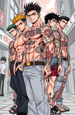 A group of hot, muscular young men with various intricate Yakuza tattoos, showcasing their manly physique