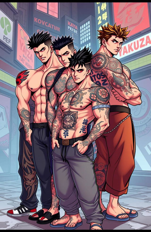 A group of hot, muscular young men with various intricate Yakuza tattoos, showcasing their manly physique