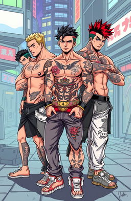 A group of hot, muscular young men with various intricate Yakuza tattoos, showcasing their manly physique