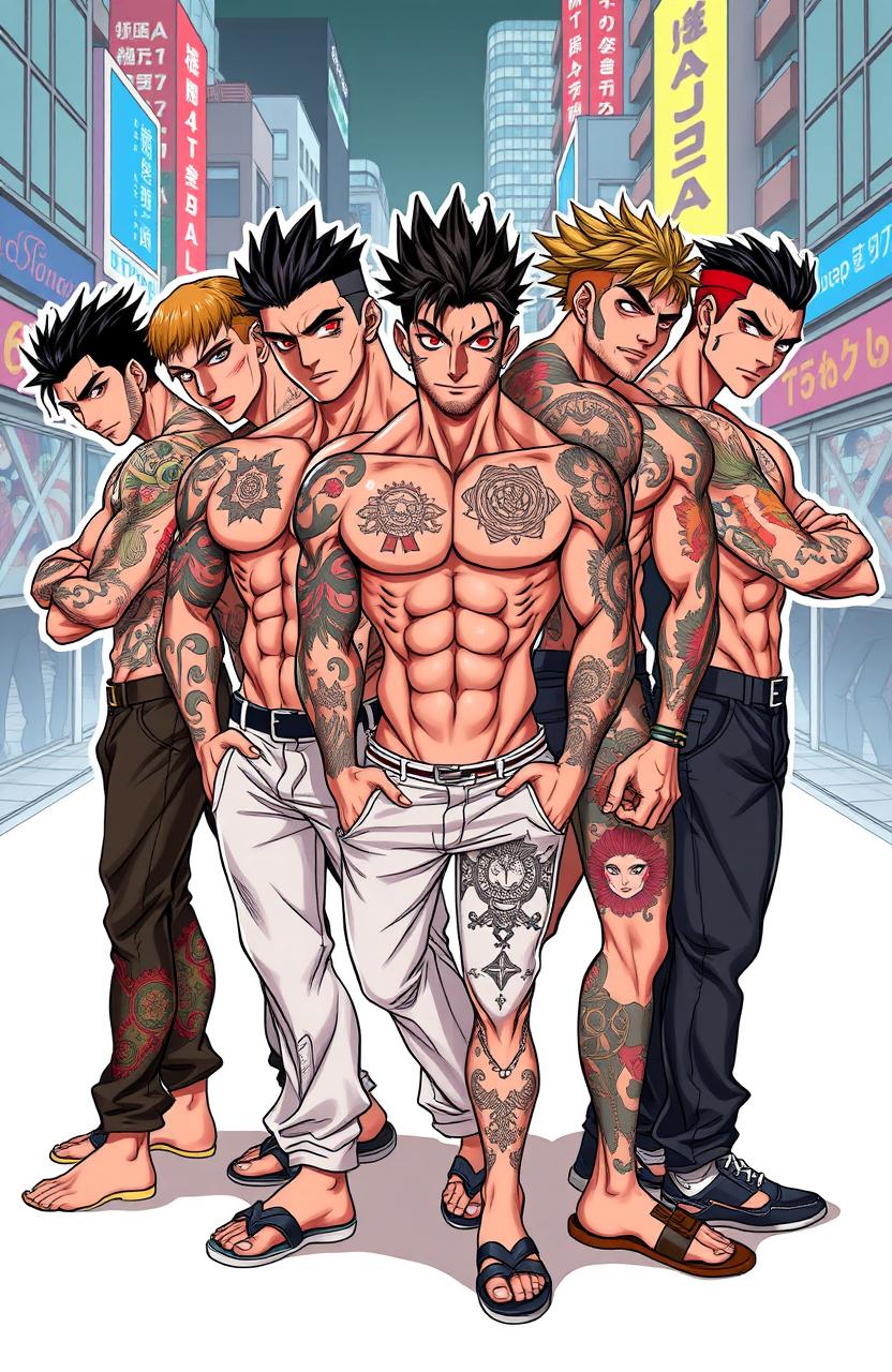 A group of hot, muscular young men with various intricate Yakuza tattoos, showcasing their manly physique