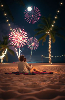 A romantic scene on a beach at night, illuminated by fairy lights strung between palm trees