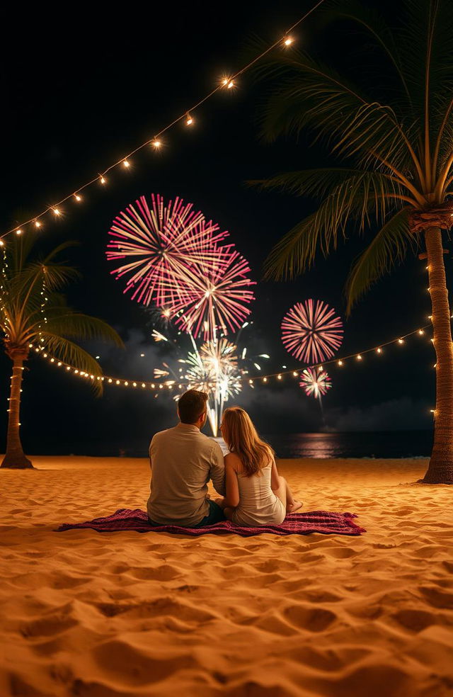 A romantic scene on a beach at night, illuminated by fairy lights strung between palm trees