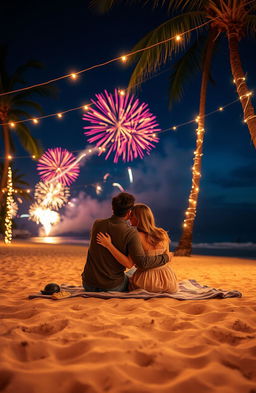 A romantic scene on a beach at night, illuminated by fairy lights strung between palm trees