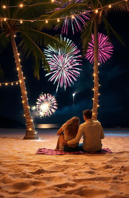 A romantic scene on a beach at night, illuminated by fairy lights strung between palm trees