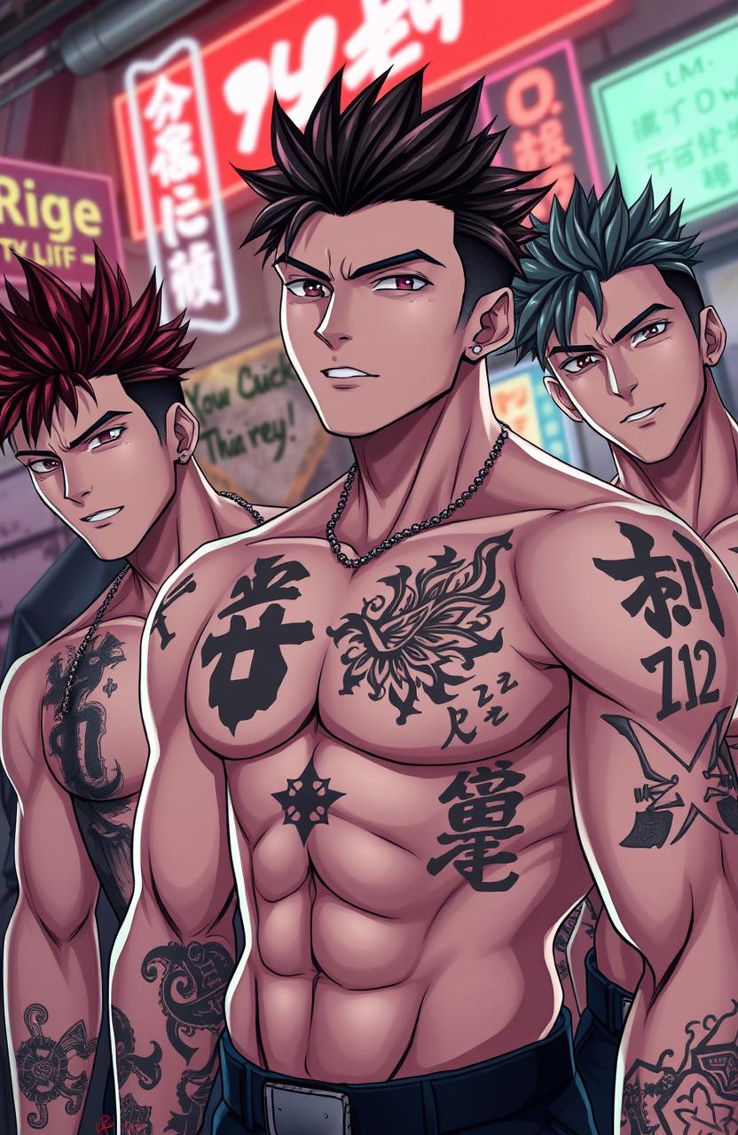 A group of hot, muscular young men with striking yakuza tattoos displayed prominently on their bodies, showcasing intricate designs and symbols that represent strength and honor