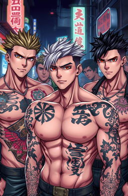 A group of hot, muscular young men with striking yakuza tattoos displayed prominently on their bodies, showcasing intricate designs and symbols that represent strength and honor