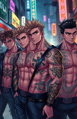 A group of hot, muscular young men with striking yakuza tattoos displayed prominently on their bodies, showcasing intricate designs and symbols that represent strength and honor