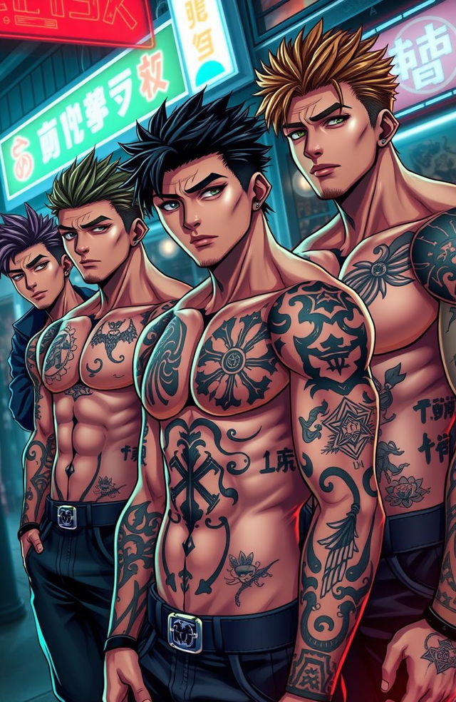 A group of hot, muscular young men with striking yakuza tattoos displayed prominently on their bodies, showcasing intricate designs and symbols that represent strength and honor