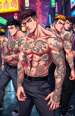 A group of muscular, hot young men with intricate Yakuza tattoos, showcasing their manliness in a vibrant anime style