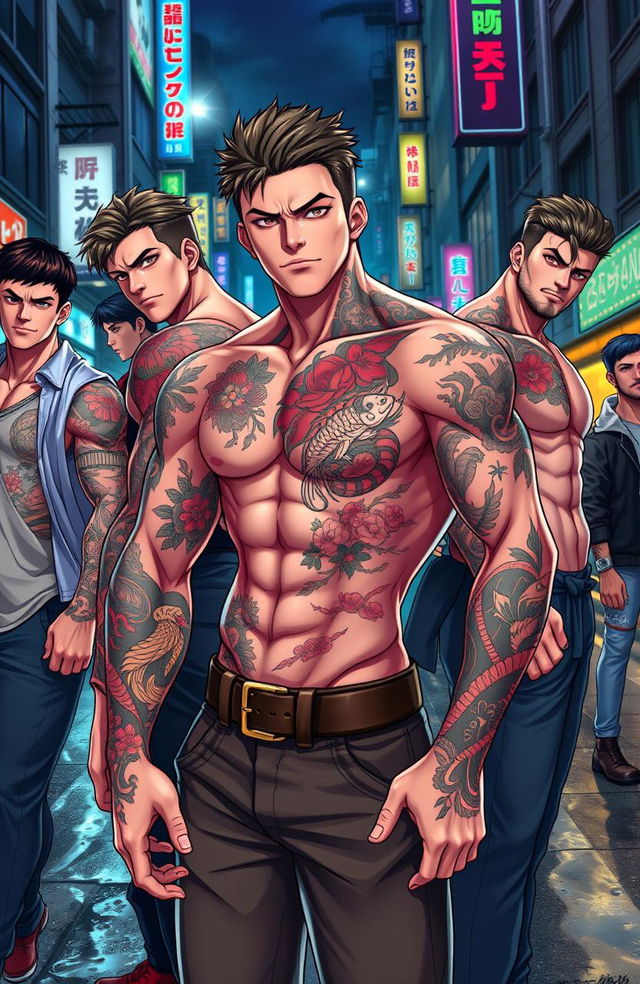 A group of muscular, hot young men with intricate Yakuza tattoos, showcasing their manliness in a vibrant anime style