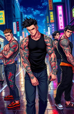 A group of muscular, hot young men with intricate Yakuza tattoos, showcasing their manliness in a vibrant anime style