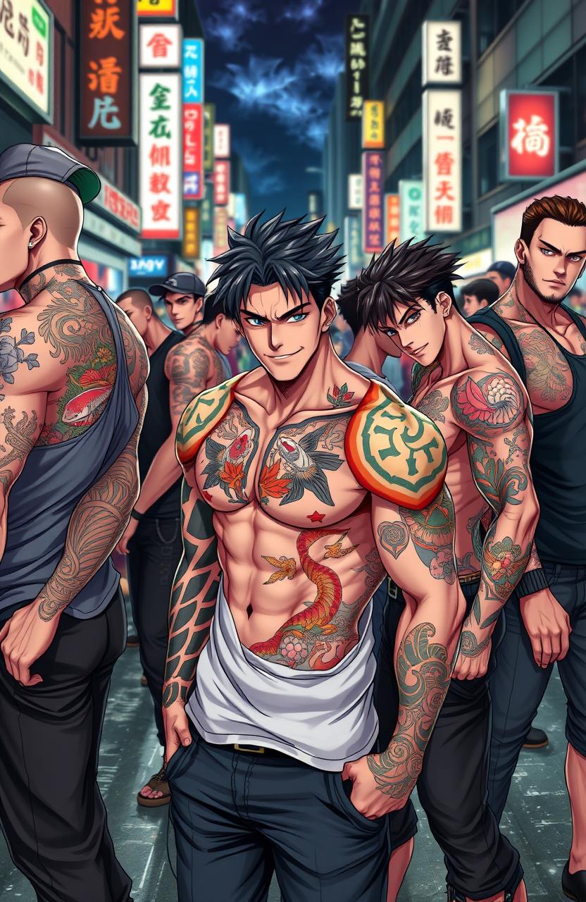 A group of muscular, hot young men with intricate Yakuza tattoos, showcasing their manliness in a vibrant anime style