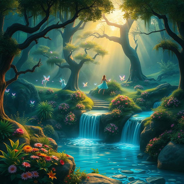 A stunning fantasy landscape featuring a mystical forest filled with glowing plants and ethereal creatures, such as fairies and unicorns