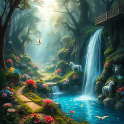 A stunning fantasy landscape featuring a mystical forest filled with glowing plants and ethereal creatures, such as fairies and unicorns