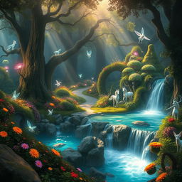A stunning fantasy landscape featuring a mystical forest filled with glowing plants and ethereal creatures, such as fairies and unicorns