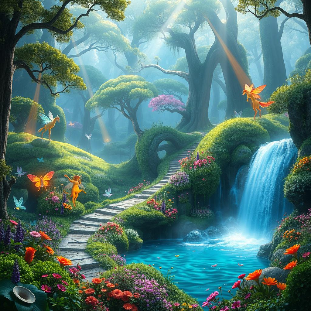 A stunning fantasy landscape featuring a mystical forest filled with glowing plants and ethereal creatures, such as fairies and unicorns