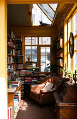 A charming yellow vintage book shop, filled with an assortment of colorful books stacked in cozy wooden shelves