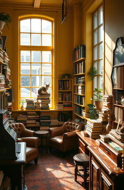 A charming yellow vintage book shop, filled with an assortment of colorful books stacked in cozy wooden shelves
