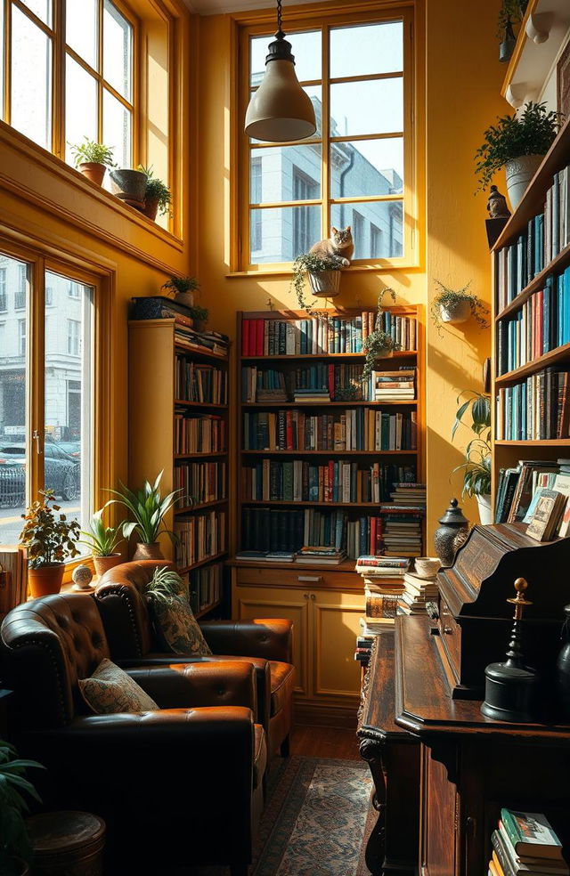 A charming yellow vintage book shop, filled with an assortment of colorful books stacked in cozy wooden shelves