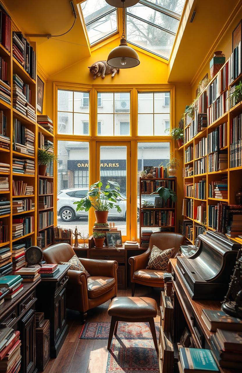 A charming yellow vintage book shop, filled with an assortment of colorful books stacked in cozy wooden shelves