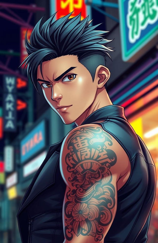 A handsome young man with striking features, showcasing a large, intricate Yakuza tattoo on his arm, emphasizing masculinity and strength