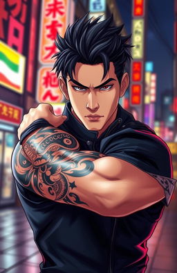 A handsome young man with striking features, showcasing a large, intricate Yakuza tattoo on his arm, emphasizing masculinity and strength