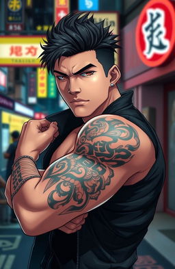 A handsome young man with striking features, showcasing a large, intricate Yakuza tattoo on his arm, emphasizing masculinity and strength