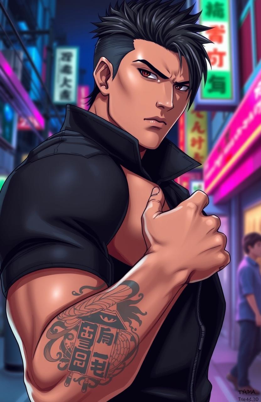 A handsome young man with striking features, showcasing a large, intricate Yakuza tattoo on his arm, emphasizing masculinity and strength