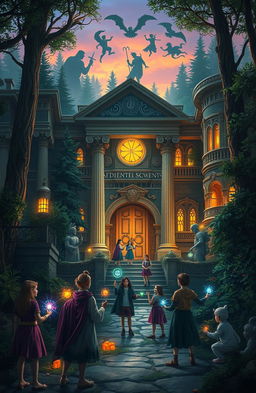 A mystical enchanted school located in a lush, vibrant forest