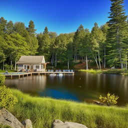 A quaint small house located by a peaceful lake, featuring a spacious deck.