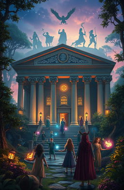 A mystical enchanted school located in a lush, vibrant forest