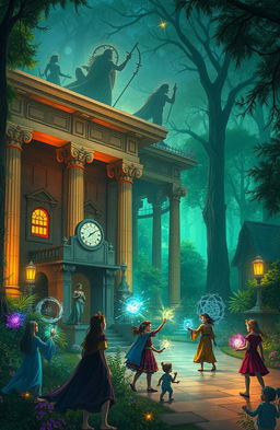A mystical enchanted school located in a lush, vibrant forest