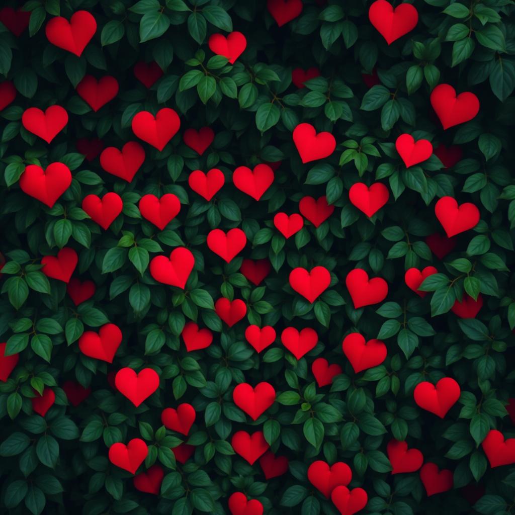 A rich and deep green background, creating a lush and tranquil atmosphere, embellished with bright red hearts