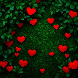 A rich and deep green background, creating a lush and tranquil atmosphere, embellished with bright red hearts