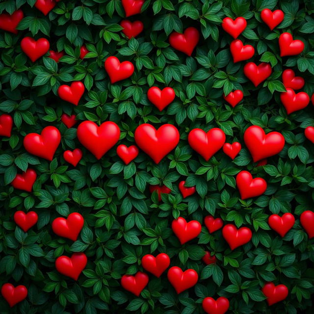 A rich and deep green background, creating a lush and tranquil atmosphere, embellished with bright red hearts