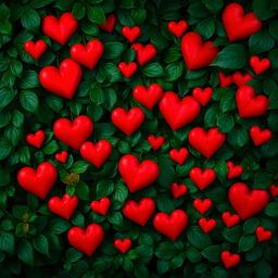 A rich and deep green background, creating a lush and tranquil atmosphere, embellished with bright red hearts