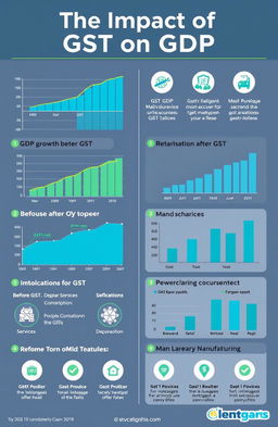 An informative infographic illustrating the impact of GST (Goods and Services Tax) on GDP (Gross Domestic Product) in a visually appealing and easy-to-understand manner